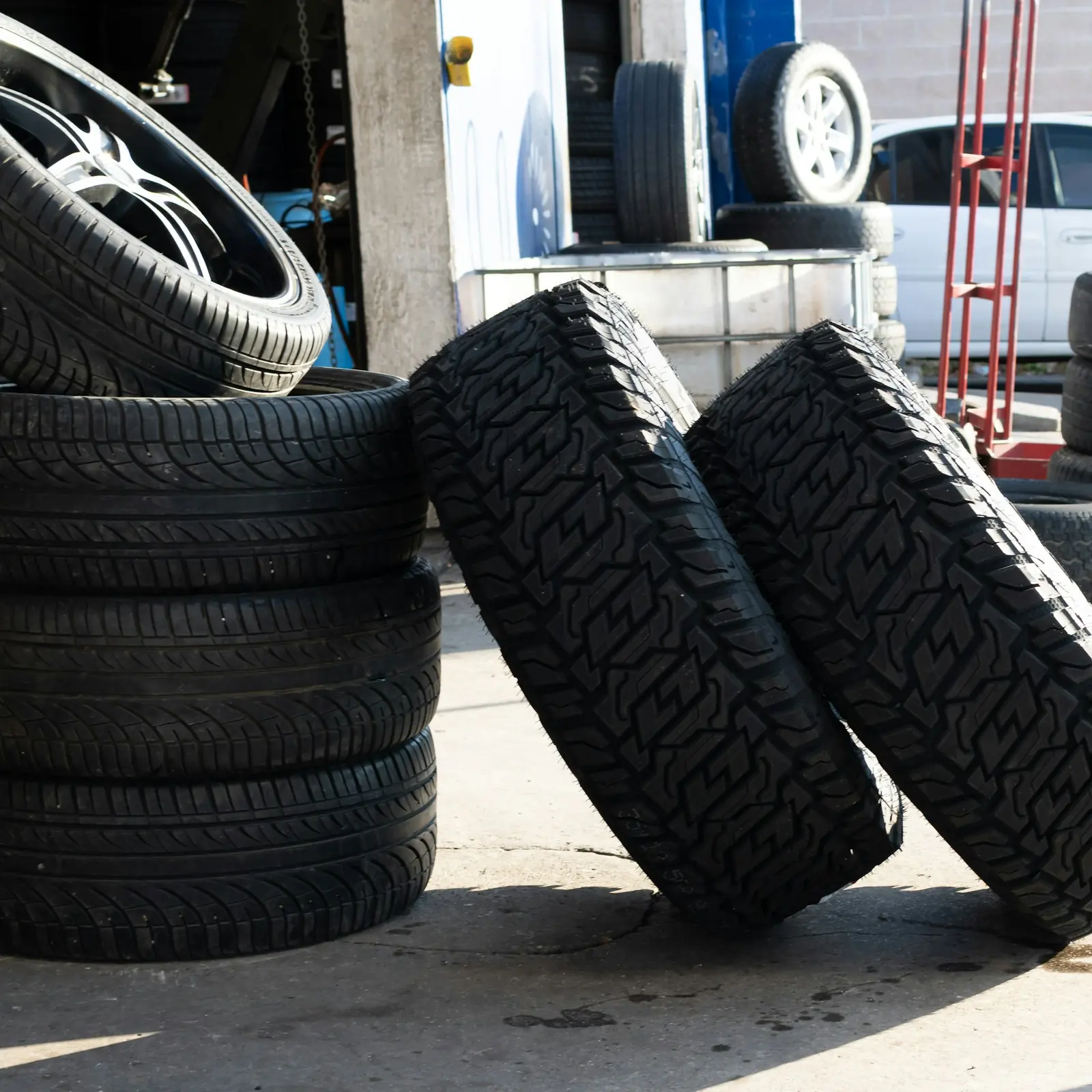 Stacks of new tires ready for mounting